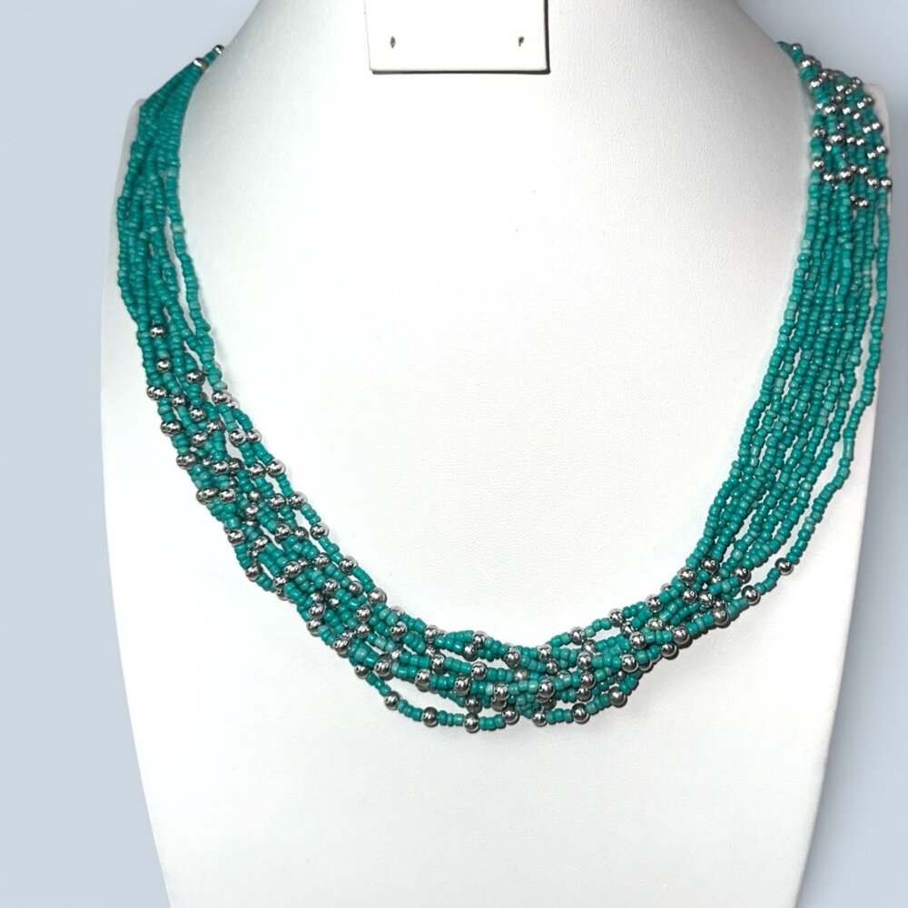 Multi-Strand Turquoise & Silver Beaded Necklace With Adjustable Clasp 32in Adjus - Picture 6 of 6